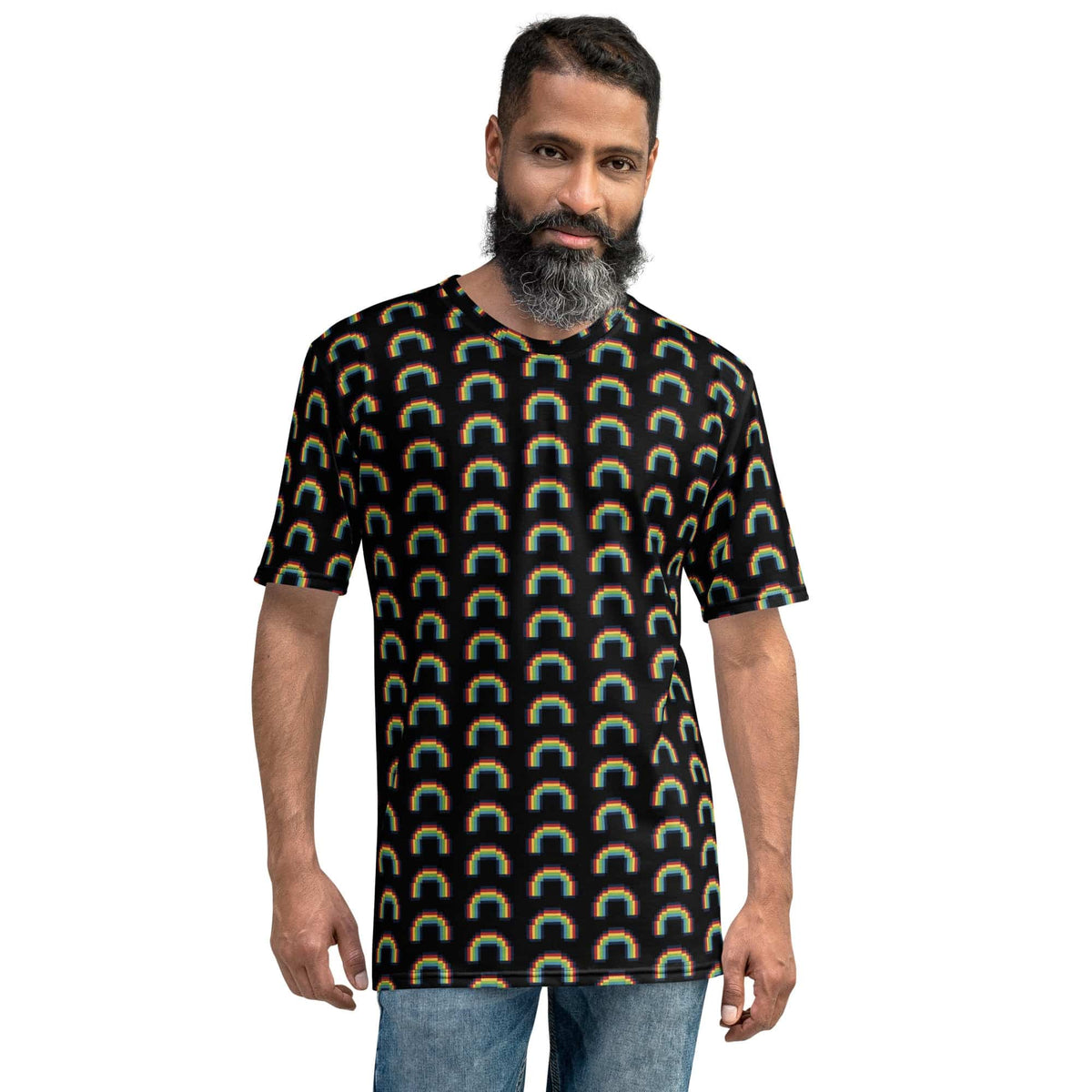 Men's black crew-neck t-shirt with multicolor rainbow pixel arch pattern.