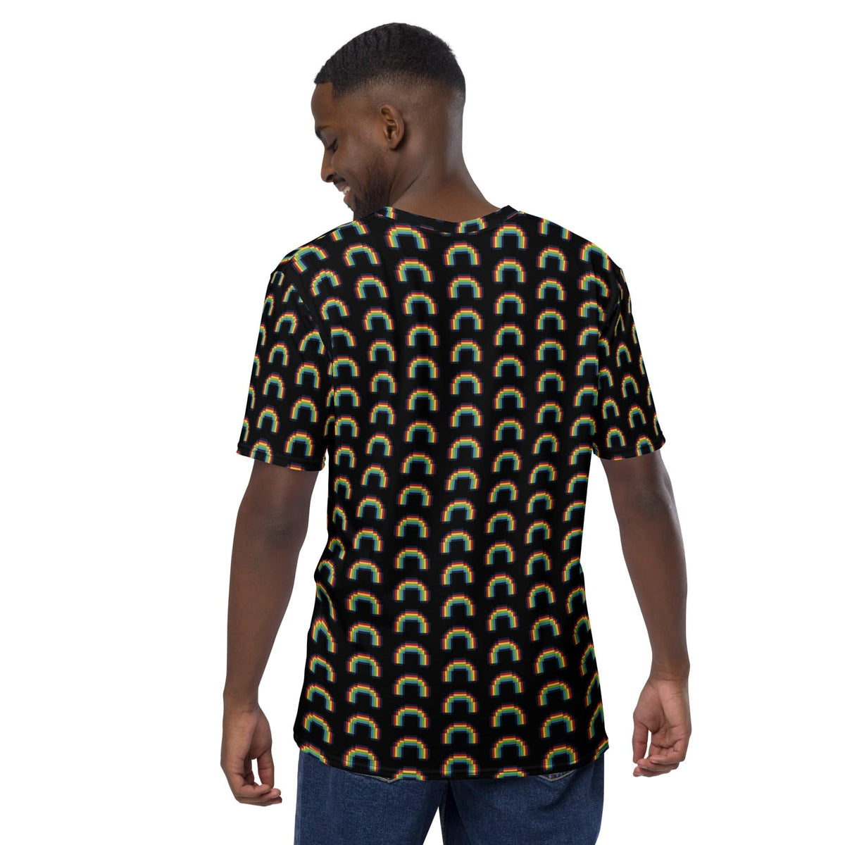 Men's black back view crew-neck t-shirt with multicolor rainbow pixel arch pattern.