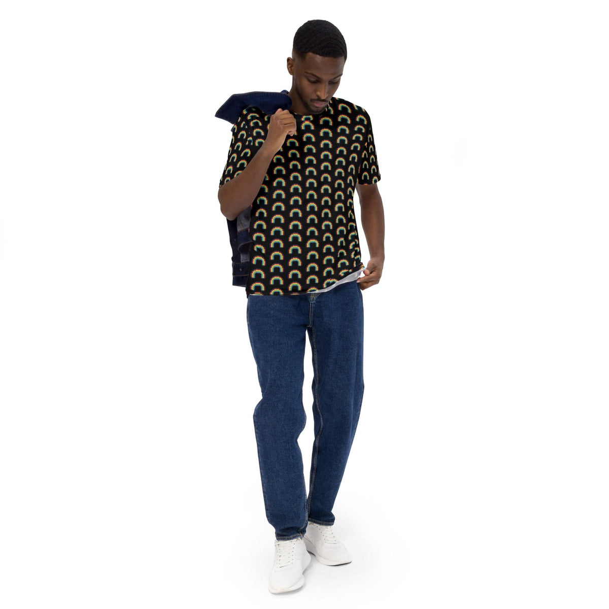 Men's black back view t-shirt with multicolor rainbow pixel arch pattern.