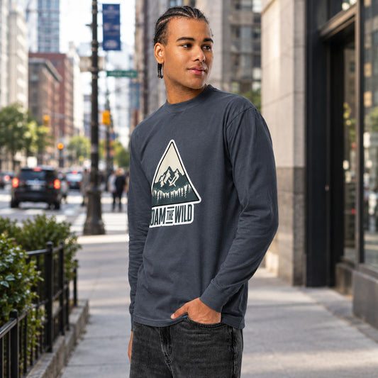 Men's dark blue long sleeve hiking T-shirt with 'ROAM THE WILD' triangle graphic