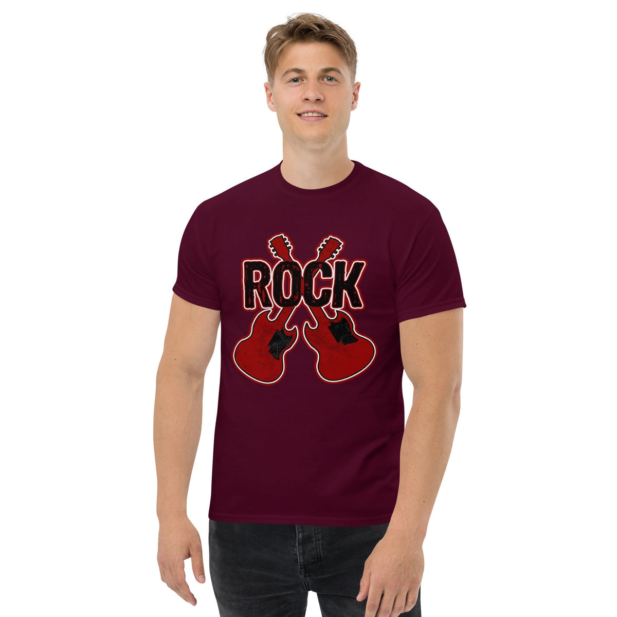 Maroon graphic T-shirt with red 'ROCK' text and crossed guitar prints.