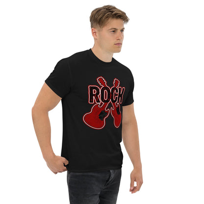 Black graphic T-shirt with red 'ROCK' text and crossed guitar prints.