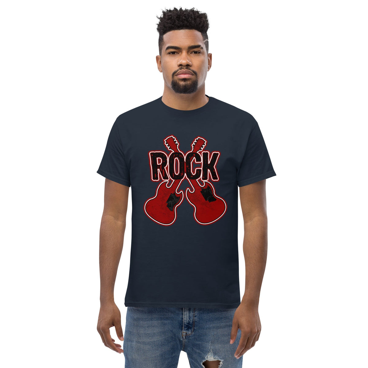 Dark navy graphic T-shirt with red 'ROCK' text and crossed guitar prints.