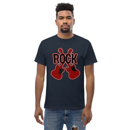 Dark navy graphic T-shirt with red 'ROCK' text and crossed guitar prints.