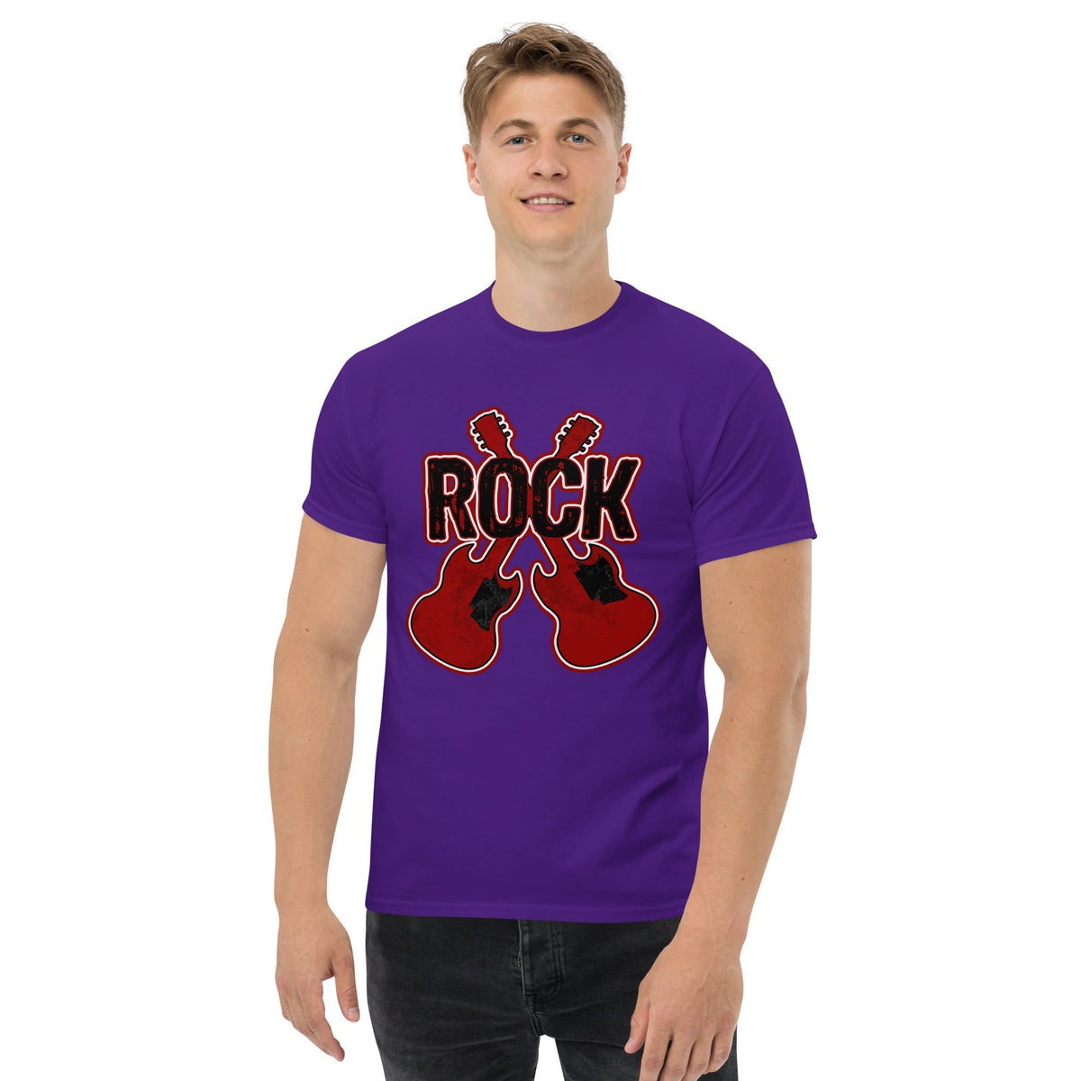 Purple graphic T-shirt with red 'ROCK' text and crossed guitar prints.