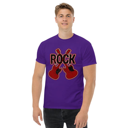 Purple graphic T-shirt with red 'ROCK' text and crossed guitar prints.
