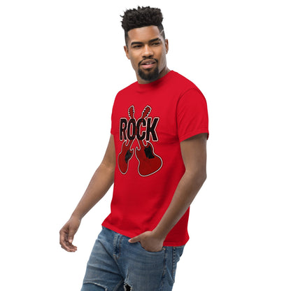 Red graphic T-shirt with red 'ROCK' text and crossed guitar prints.