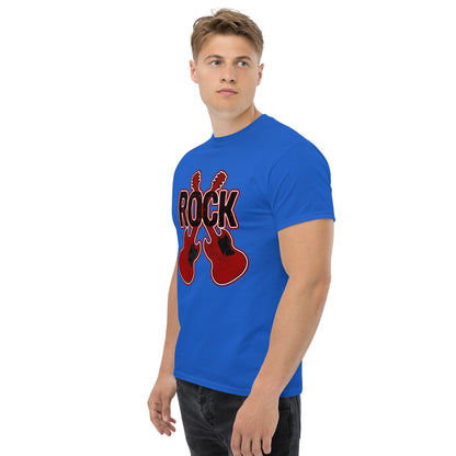 Royal blue graphic T-shirt with red 'ROCK' text and crossed guitar prints.