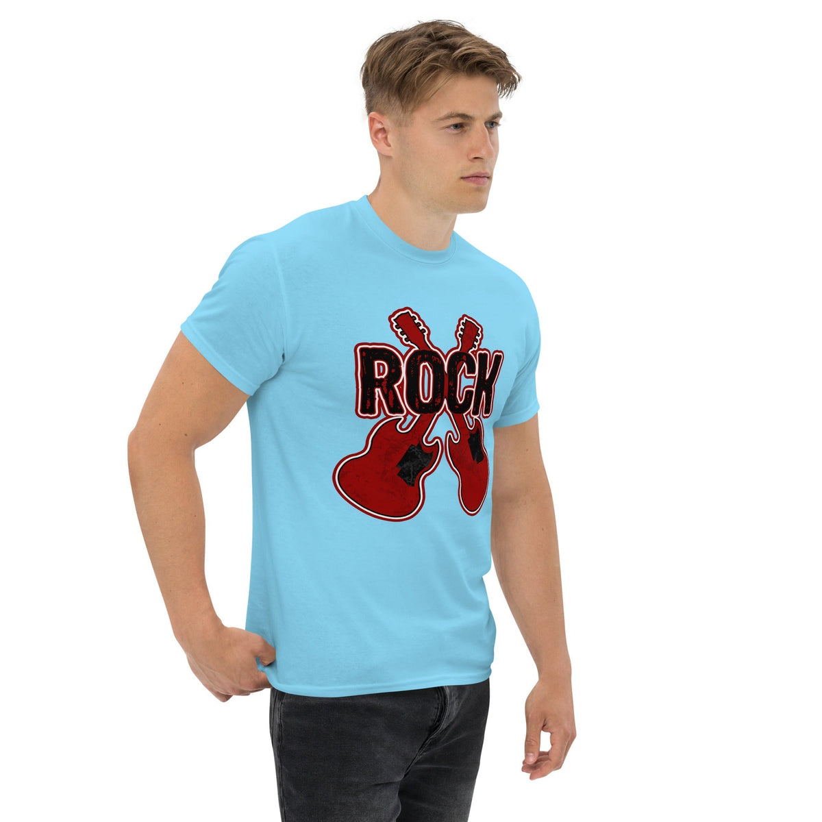 Rock musician graphic T-shirt, light blue, front guitar and ROCK logo print
