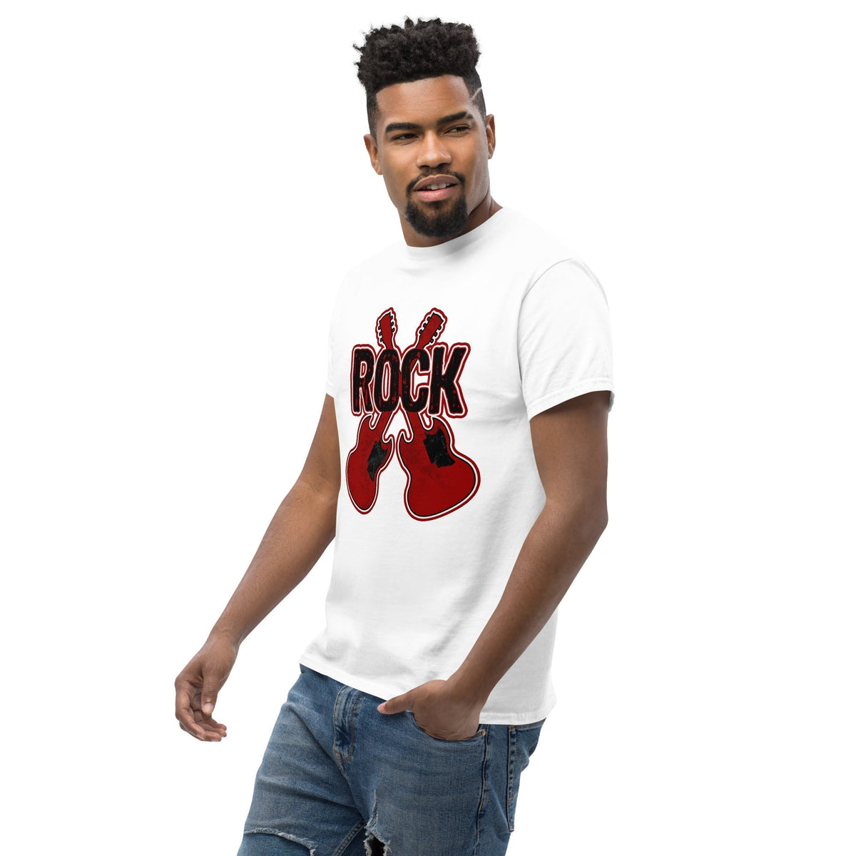 White graphic T-shirt with red 'ROCK' text and crossed guitar prints.
