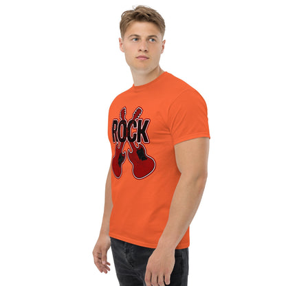 Orange graphic T-shirt with red 'ROCK' text and crossed guitar prints.
