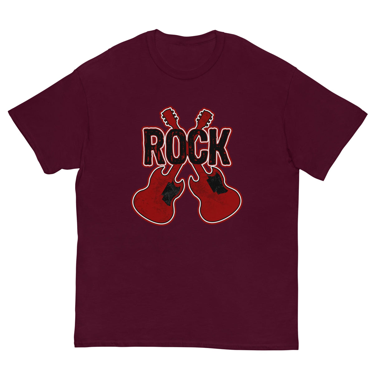 Rock musician graphic T-shirt, maroon, front guitar and ROCK logo print