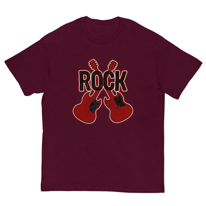 Rock musician graphic T-shirt, maroon, front guitar and ROCK logo print