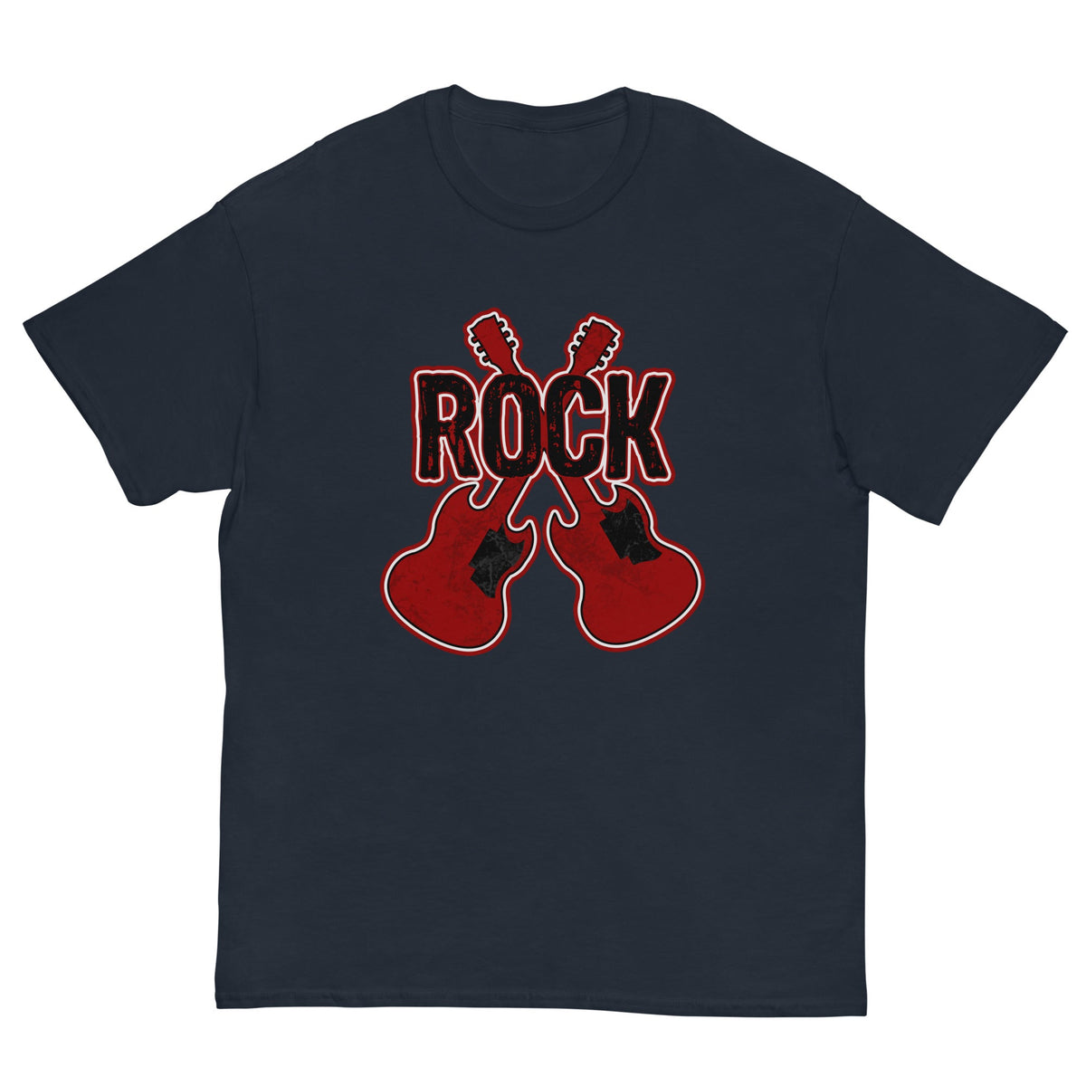 Rock musician graphic T-shirt, navy, front guitar and ROCK logo print
