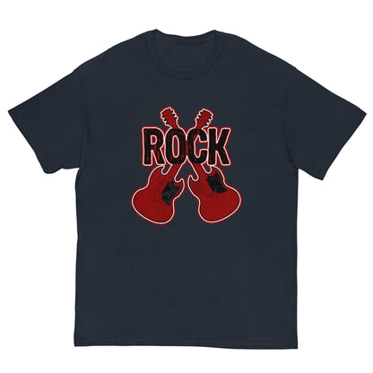 Rock musician graphic T-shirt, navy, front guitar and ROCK logo print