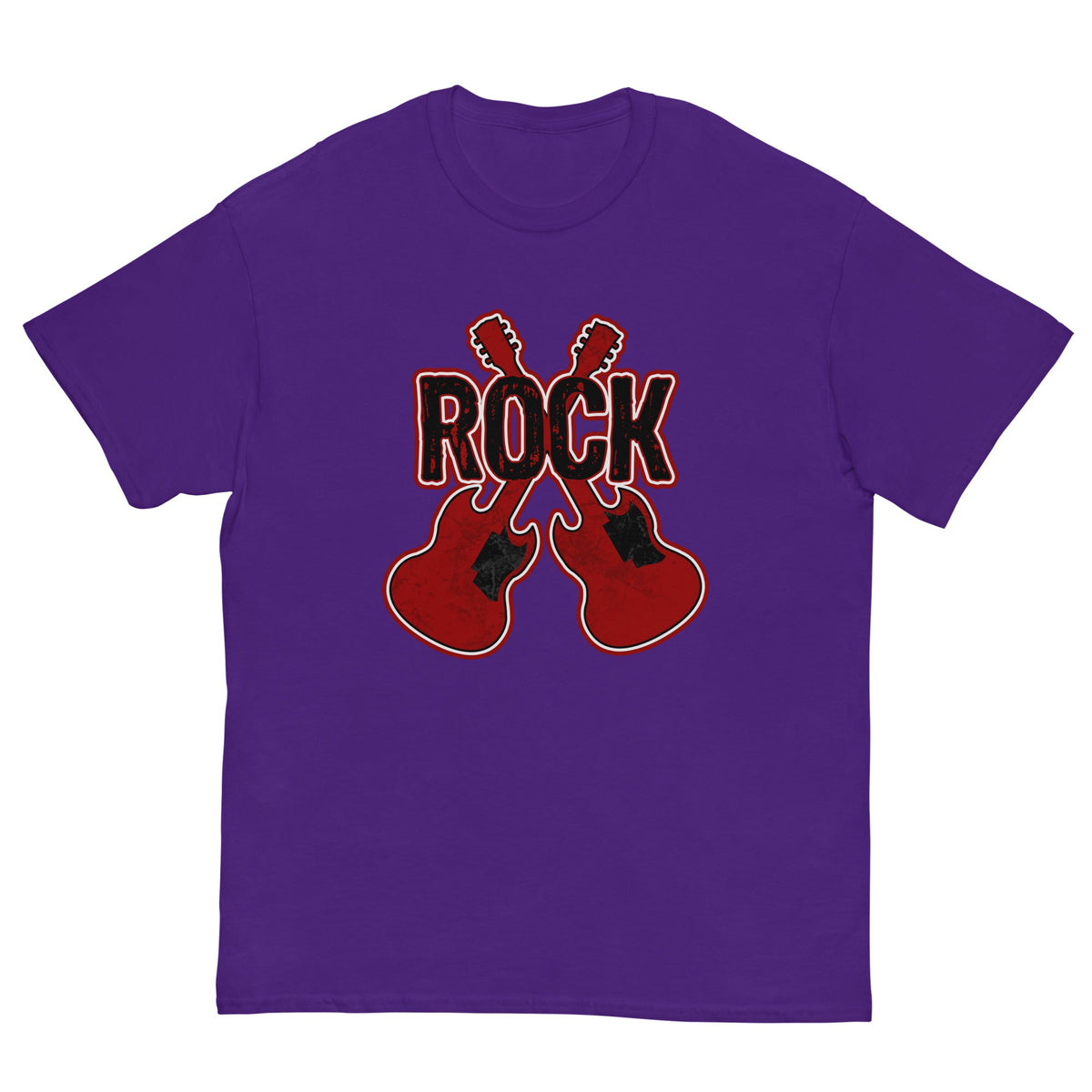 Rock musician graphic T-shirt, purple, front guitar and ROCK logo print