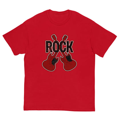 Rock musician graphic T-shirt, red, front guitar and ROCK logo print