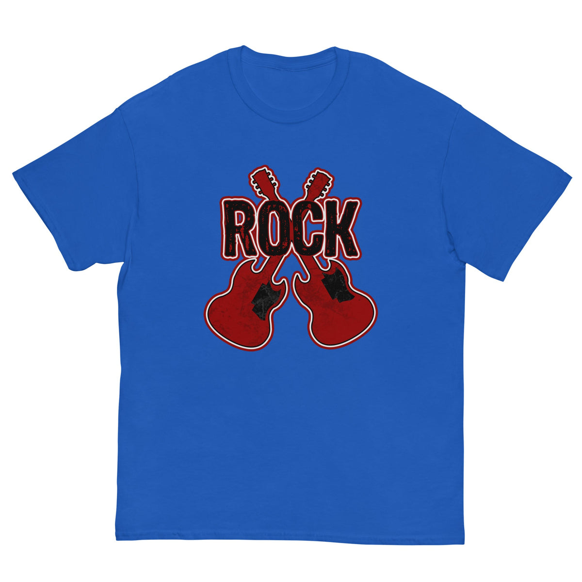 Rock musician graphic T-shirt, royal blue, front guitar and ROCK logo print