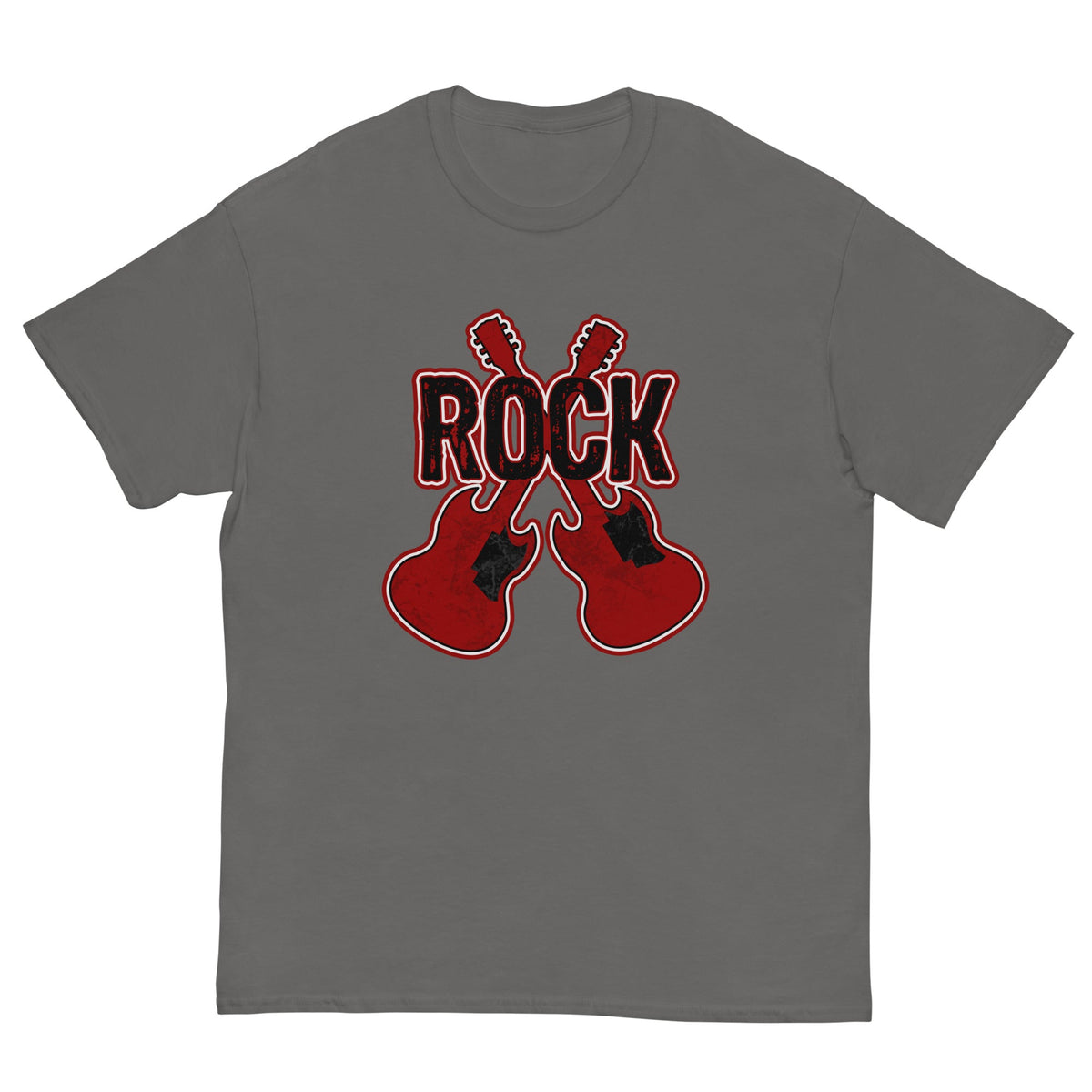 Rock musician graphic T-shirt, charcoal gray, front guitar and ROCK logo print