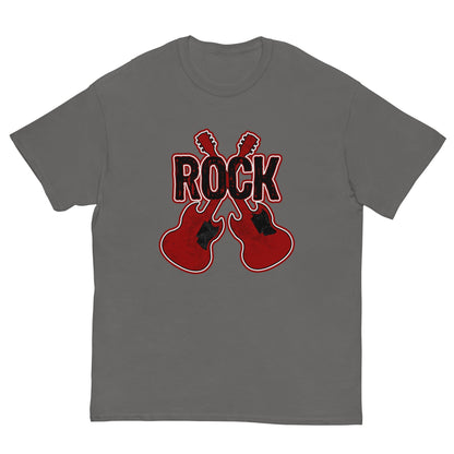 Rock musician graphic T-shirt, charcoal gray, front guitar and ROCK logo print