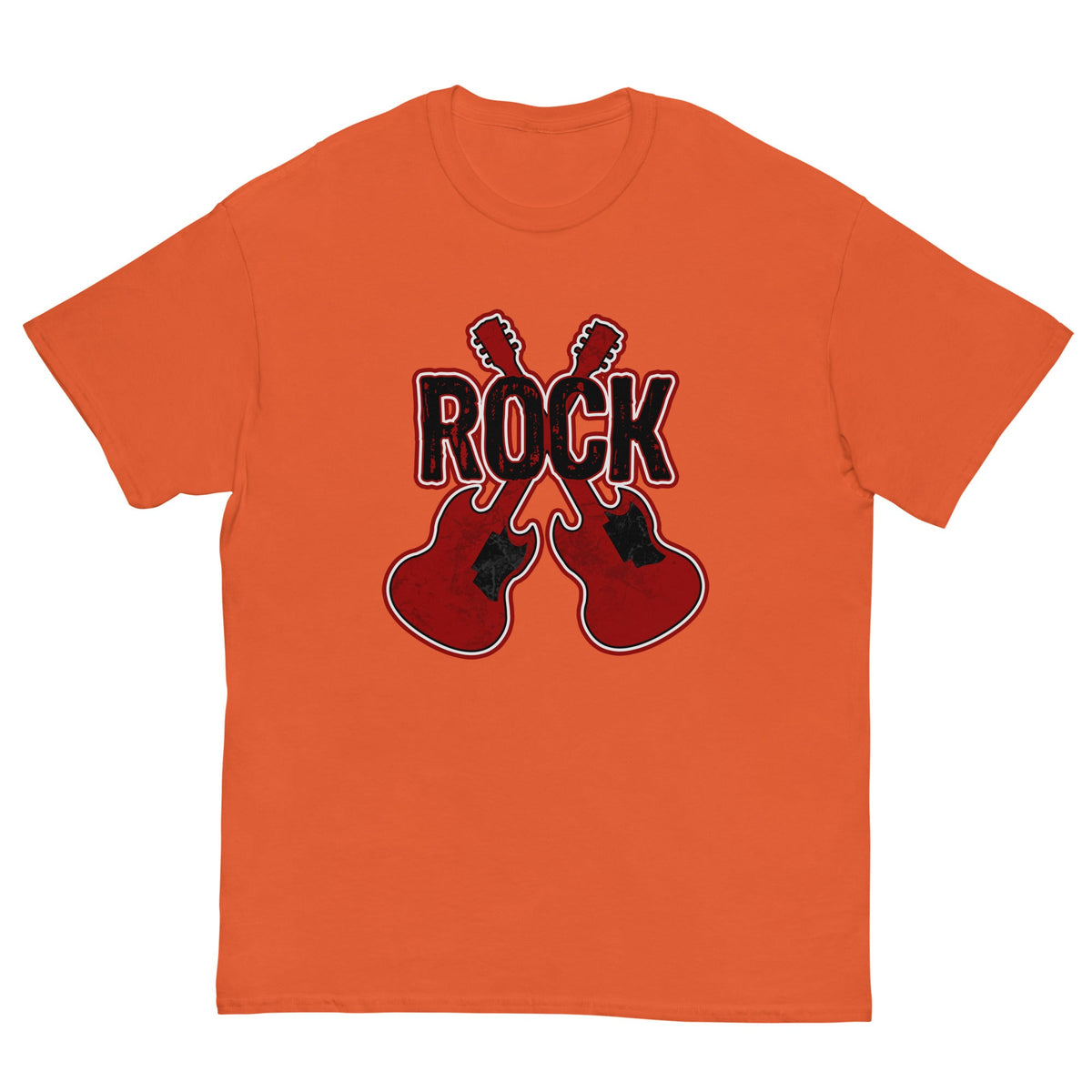 Rock musician graphic T-shirt, orange, front guitar and ROCK logo print