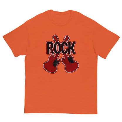 Rock musician graphic T-shirt, orange, front guitar and ROCK logo print