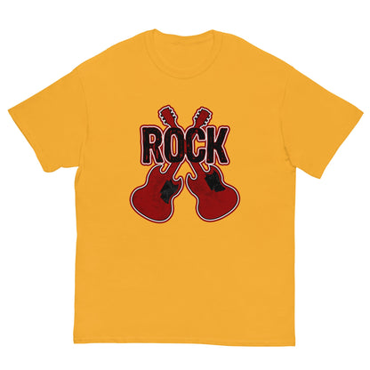 Rock musician graphic T-shirt, gold yellow, front guitar and ROCK logo print