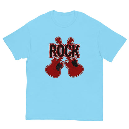 Light blue crew-neck short-sleeve t-shirt with ROCK graphic and crossed guitars.