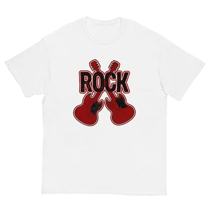 White crew-neck short-sleeve t-shirt with ROCK graphic and crossed guitars.