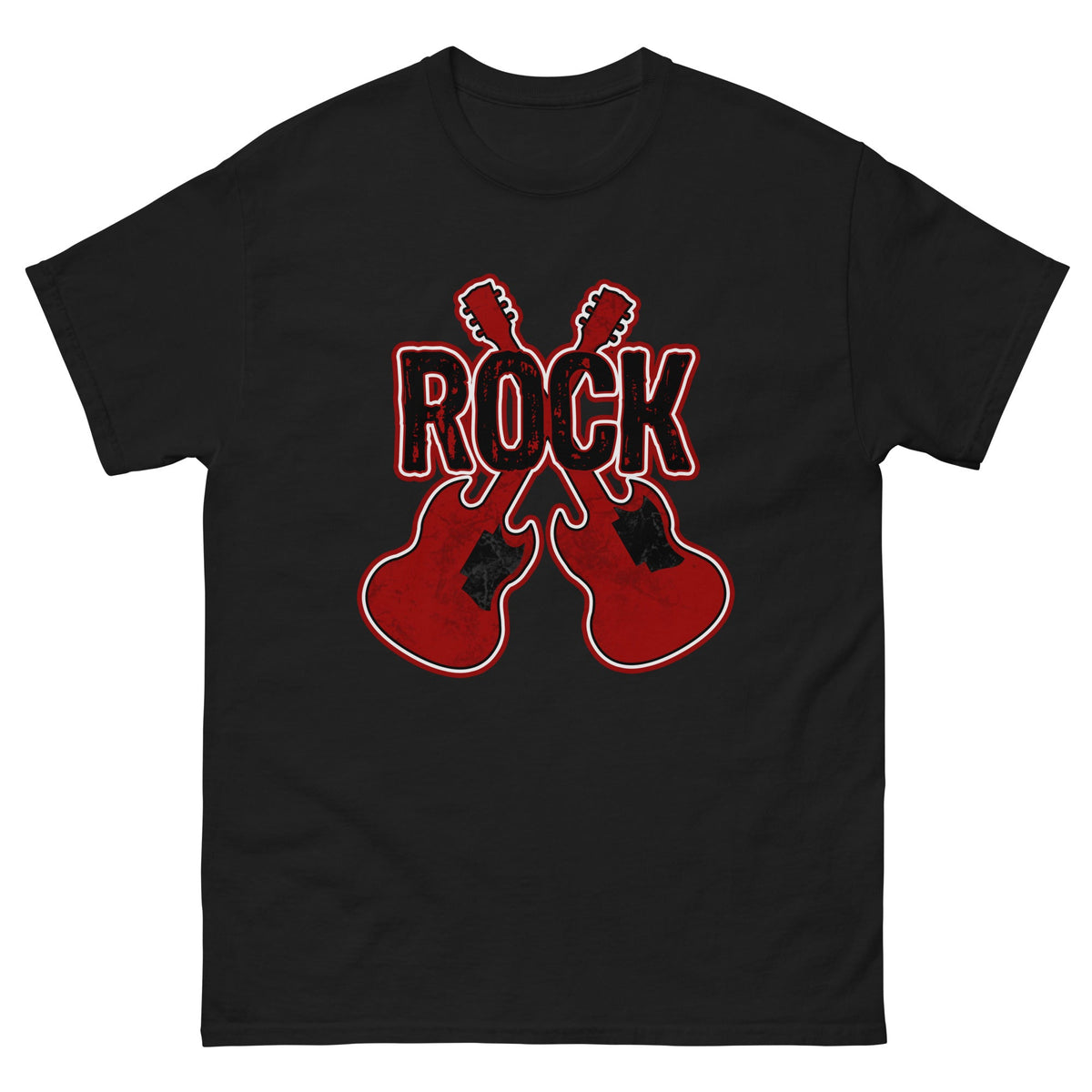 Black graphic T-shirt with red 'ROCK' text and crossed guitar prints.