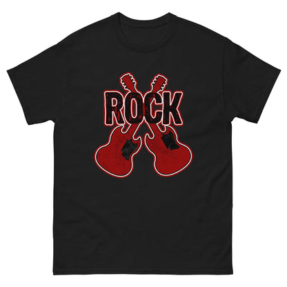 Black graphic T-shirt with red 'ROCK' text and crossed guitar prints.