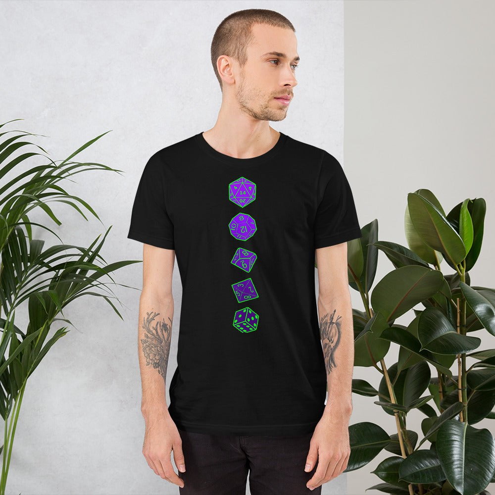 RPG dice T-shirt, black crewneck with vertical purple dice graphic on front