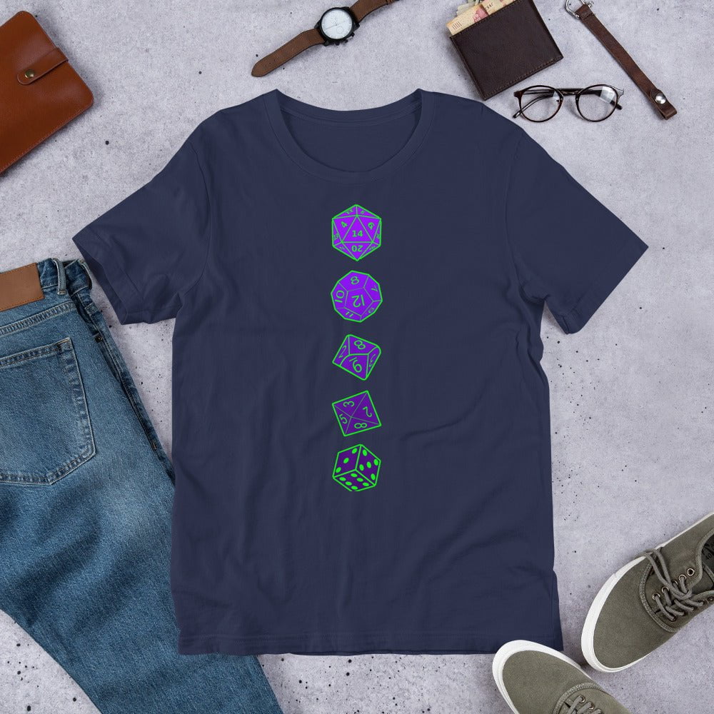 RPG dice T-shirt, navy crewneck with vertical purple dice graphic on front