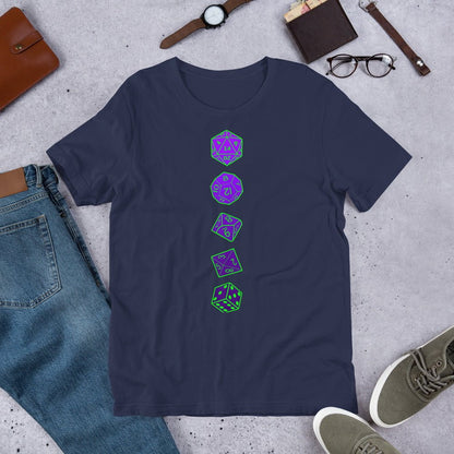 RPG dice T-shirt, navy crewneck with vertical purple dice graphic on front