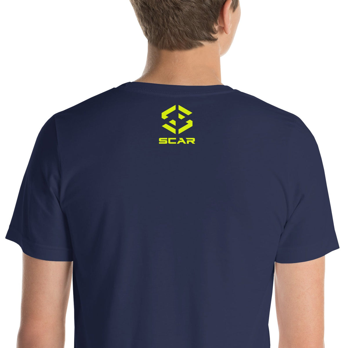 RPG dice T-shirt, dark navy back with green-yellow SCAR logo