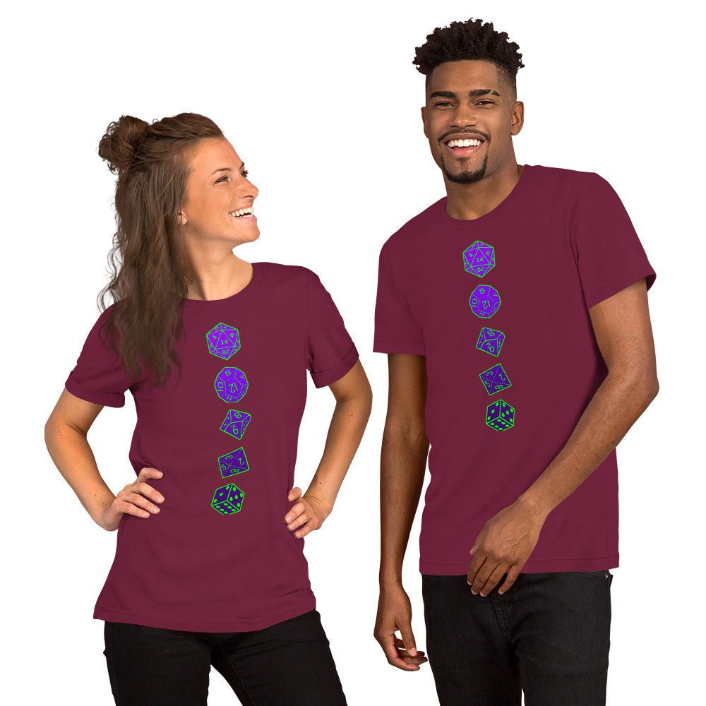 RPG dice T-shirt, berry crewneck with vertical purple dice graphic on front