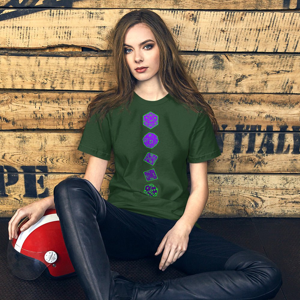 RPG dice T-shirt, forest green crewneck with vertical purple dice graphic on front