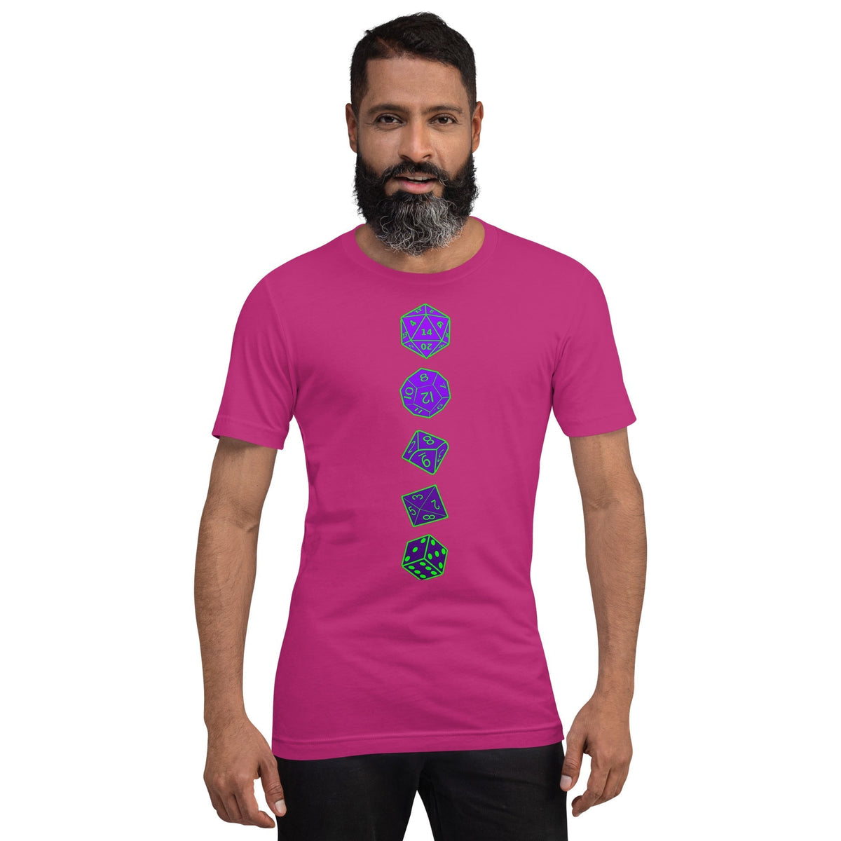 RPG dice T-shirt, berry pink crewneck with vertical purple dice graphic on front