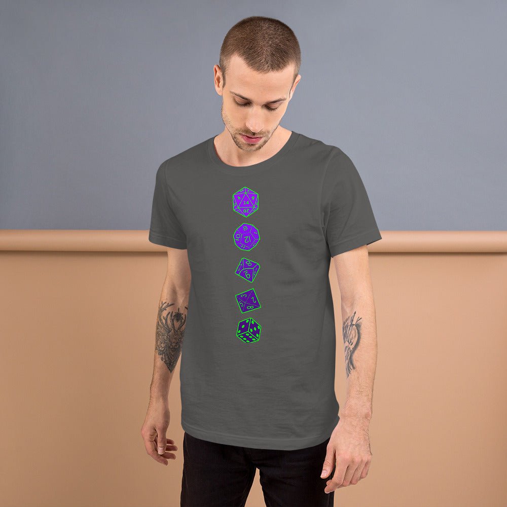 RPG dice T-shirt, gray crewneck with vertical purple dice graphic on front