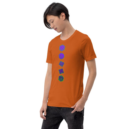 RPG dice T-shirt, orange crewneck with vertical purple dice graphic on front