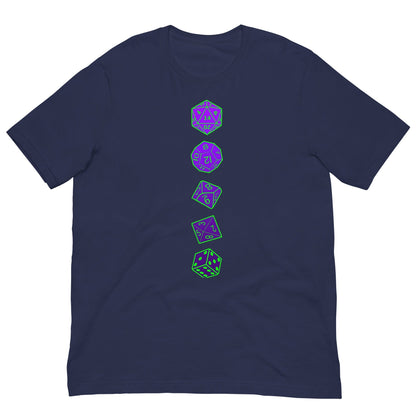 RPG dice T-shirt, navy crewneck with vertical purple dice graphic on front