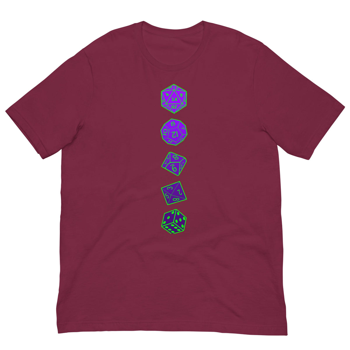 Maroon T-shirt with vertical purple RPG dice graphic on center chest