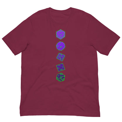 Maroon T-shirt with vertical purple RPG dice graphic on center chest