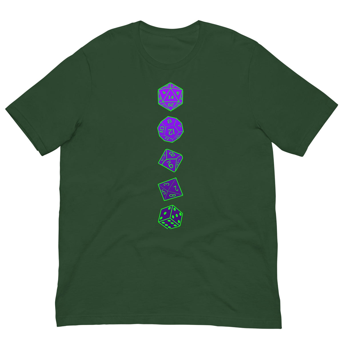 Forest green T-shirt with vertical purple RPG dice graphic on center chest