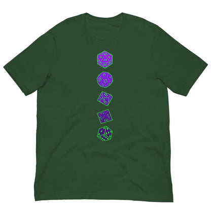 Forest green T-shirt with vertical purple RPG dice graphic on center chest