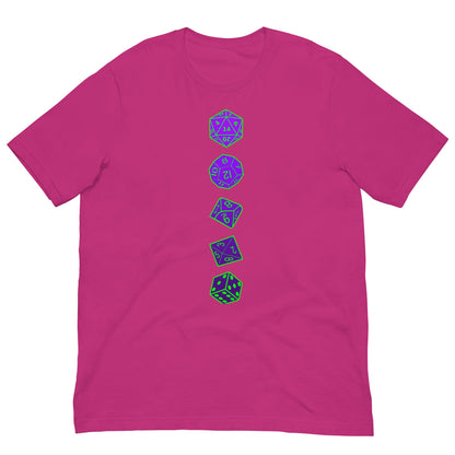 Berry pink T-shirt with vertical purple RPG dice graphic on center chest