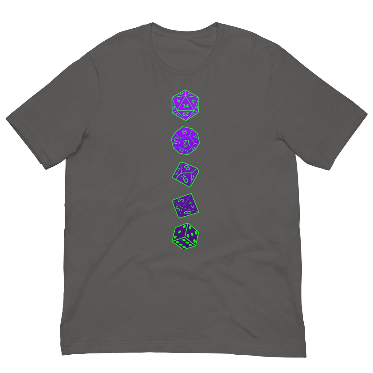Dark gray T-shirt with vertical purple RPG dice graphic on center chest