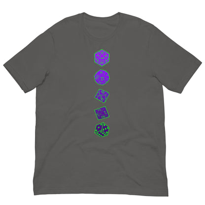 Dark gray T-shirt with vertical purple RPG dice graphic on center chest