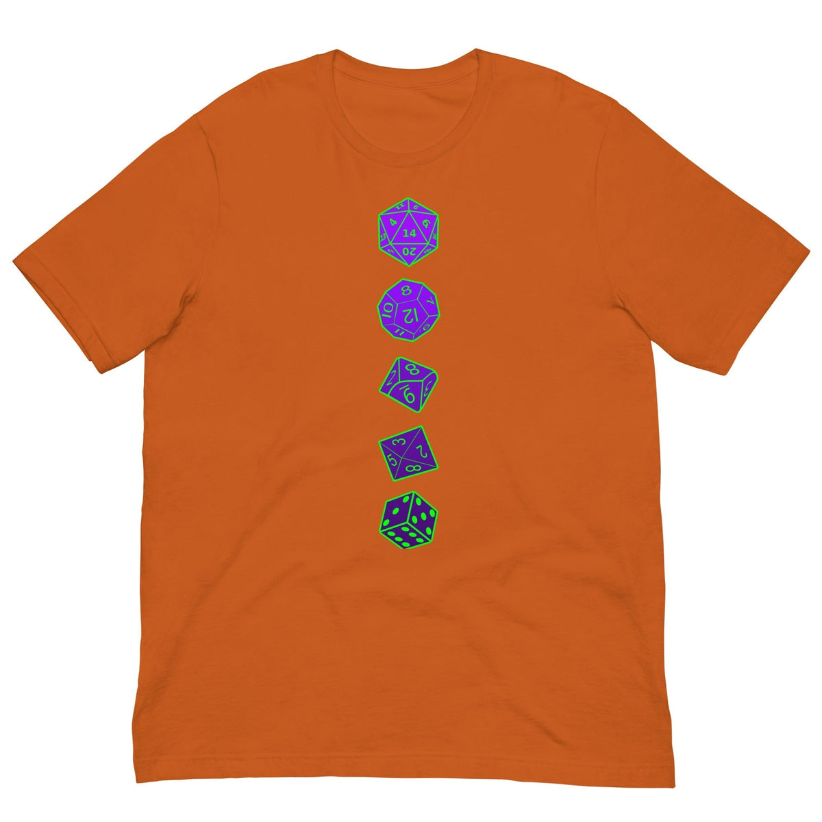 Orange T-shirt with vertical purple RPG dice graphic on center chest