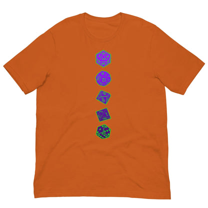 Orange T-shirt with vertical purple RPG dice graphic on center chest